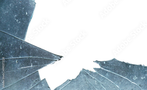 Broken glass on white background. Shattered glass shards, broken window, isolated on white background, sharp, broken, cracks on glass. Broken glass texture, isolated cracks on white background.