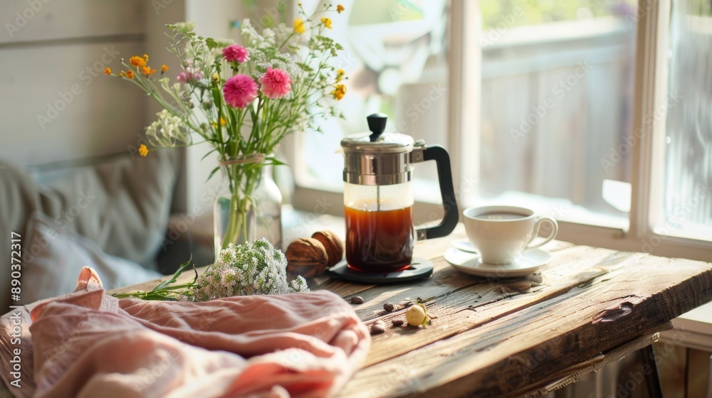 A beautifully set table with a French press, fresh flowers, and a steaming cup of coffee, creating a serene morning moment A beautifully set table with a French press, fresh flowers, and a steaming cup of coffee, creating a serene morning moment