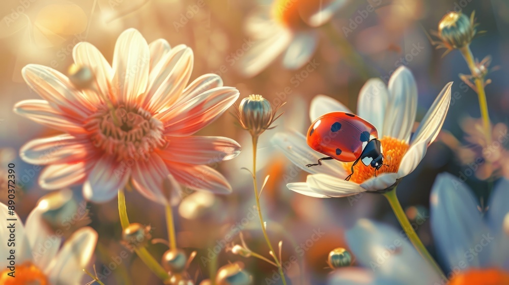 Ladybug exploring a blooming flower in a garden Ladybug exploring a blooming flower in a garden
