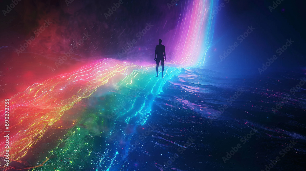 Man on rainbow stream with night sky backdrop Man on rainbow stream with night sky backdrop