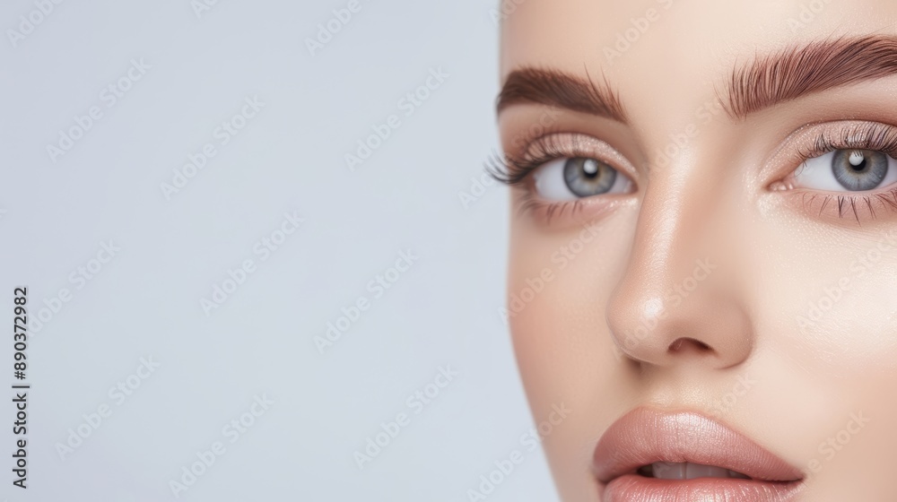 Fototapeta premium Young woman with perfect soft skin. Beauty, cosmetology, cosmetics, plastic surgery concept. Light isolated background, close up. Space for text