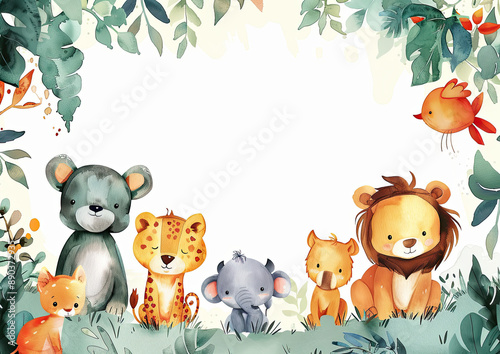 Watercolor Illustration Safari Animals and Blank space for text photo