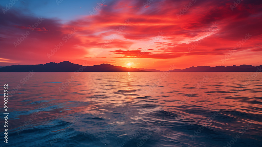 Brilliant Sunset Over Ocean with Intense Red Sky and Distant Mountains