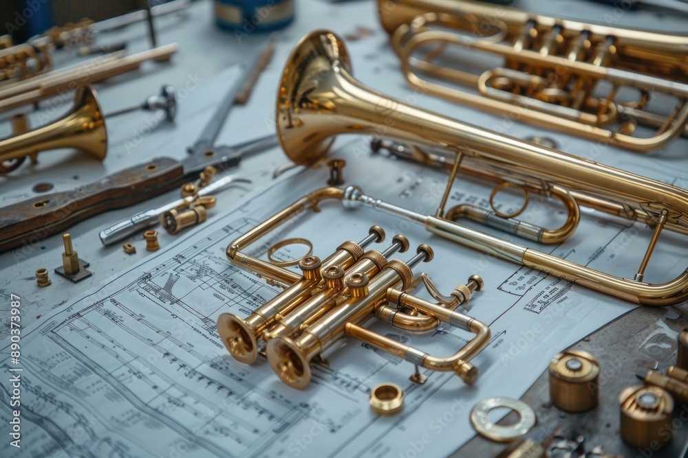 Obraz premium The photo showcases a musical instrument designer in the process of assembling a new brass instrument. The workshop is filled with metalworking tools, parts, and blueprints. The designer is