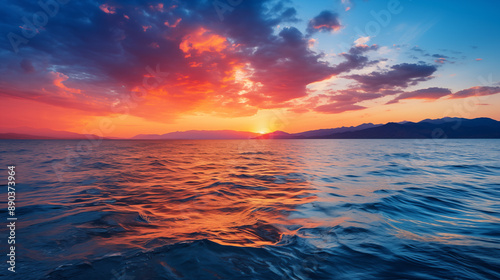 Dramatic Sunset with Vibrant Colors Over the Ocean and Mountain Range