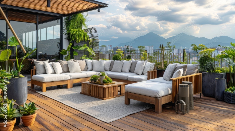 Fototapeta premium Modern Urban Rooftop Patio with Stunning Mountain Views