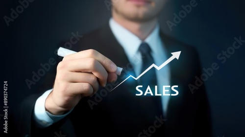 Businessman pointing at growth graph with Sales written on it showcasing improved sales performance, focus on business success, financial growth