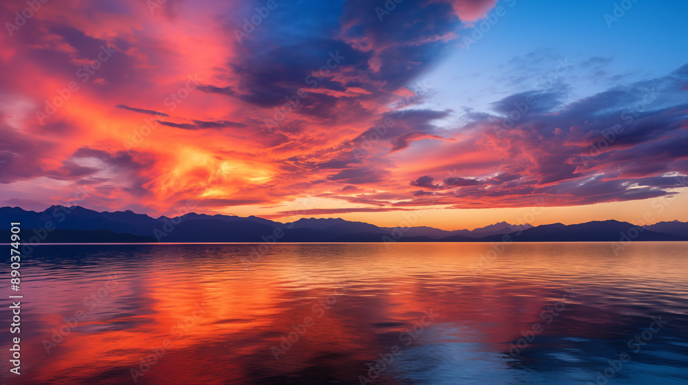 Stunning Fiery Sunset Over Serene Lake with Majestic Mountain Range Reflecting in Water Stunning Fiery Sunset Over Serene Lake with Majestic Mountain Range Reflecting in Water