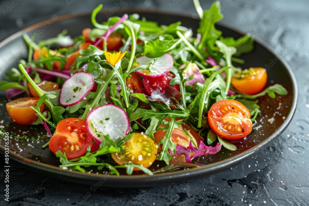 Vibrant Gourmet Salad on Dark Plate with Fresh Ingredients and Light Vinaigrette in Minimalist Setting Vibrant Gourmet Salad on Dark Plate with Fresh Ingredients and Light Vinaigrette in Minimalist Setting