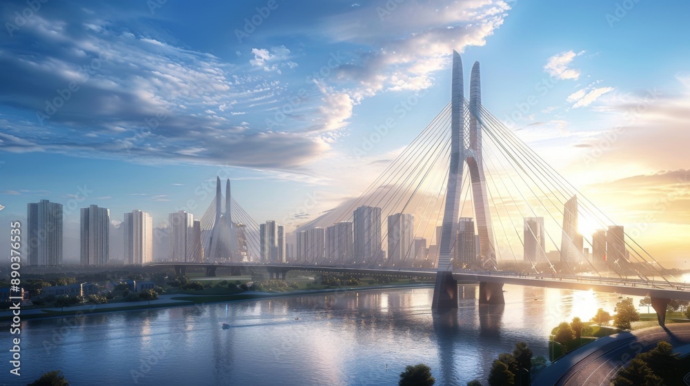 Obraz premium A cable-stayed bridge with modern architectural design, spanning a bustling river