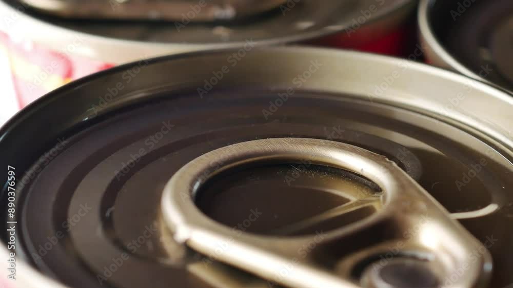 Close-up of Aluminum can lid ring that holds food. macro, top view Close-up of Aluminum can lid ring that holds food. macro, top view