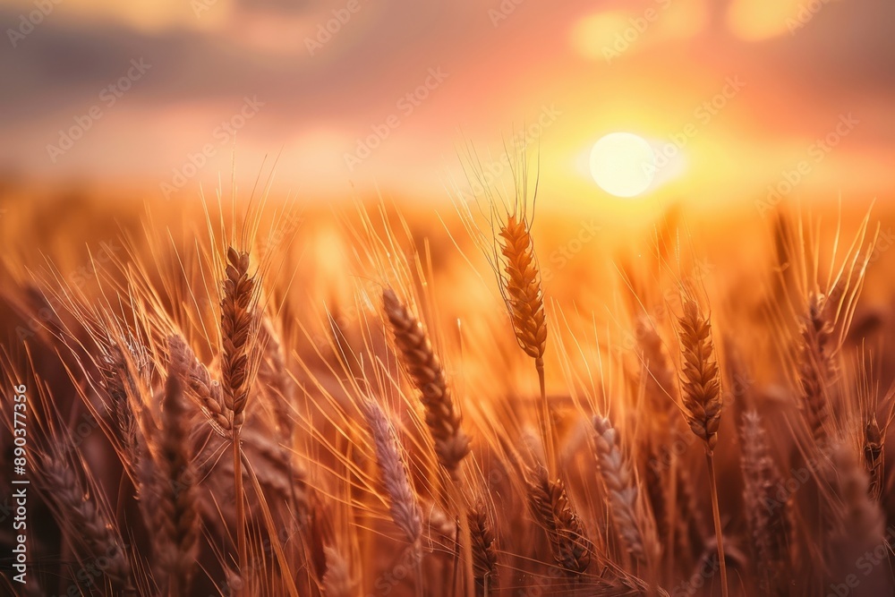 Wheat field with golden ears of wheat glowing in the warm light of a setting sun against a colorful sky Wheat field with golden ears of wheat glowing in the warm light of a setting sun against a colorful sky