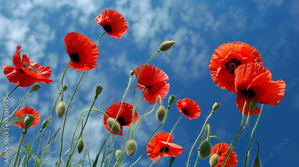 Obraz premium Red poppy flowers against the blue sky. By 