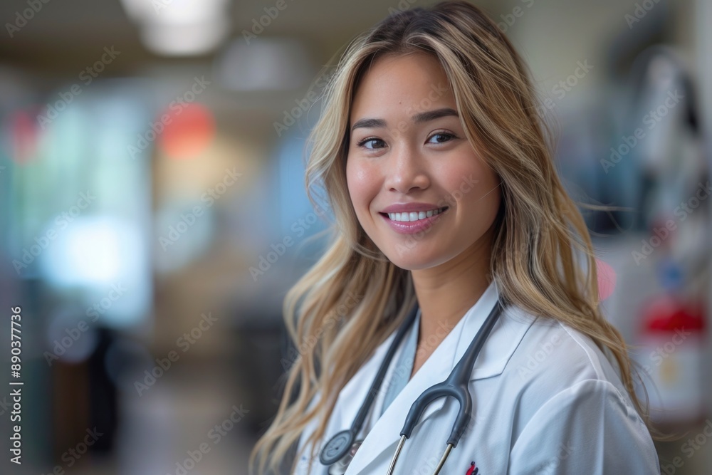 Fototapeta premium asian doctor stand and smiling in the hall of hospital on white medical coat with stethoscope. Scenes in the hospital concept.