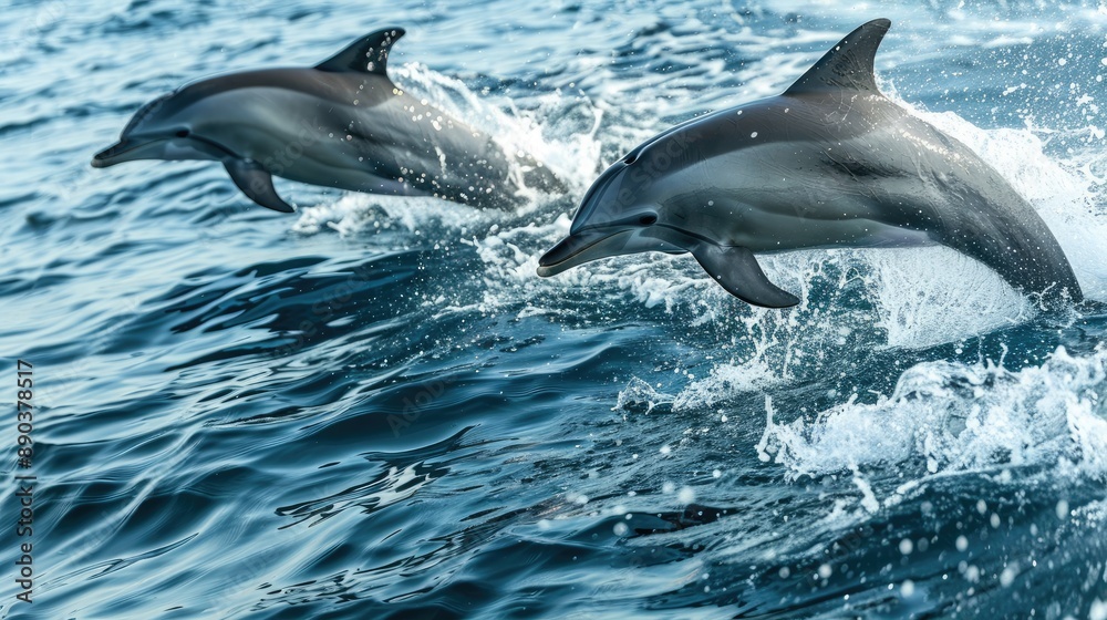 Fototapeta premium Playful dolphins jumping out of the ocean