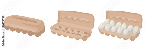 Several illustrations of a cardboard egg box open and closed. Closed box has a classic design, and the open one has empty cells and full white chicken eggs in which you could put eggs. Isolated items