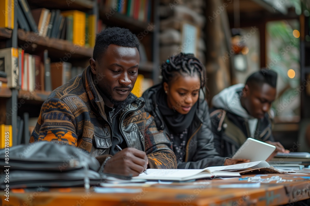 Three Students Study In A Library Setting Three Students Study In A Library Setting