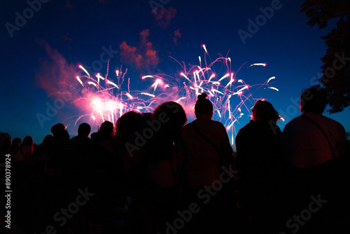 Cuadro en lienzo Feu d'artifice le 14 juillet en France, Lille, silhouettes de personnes face au