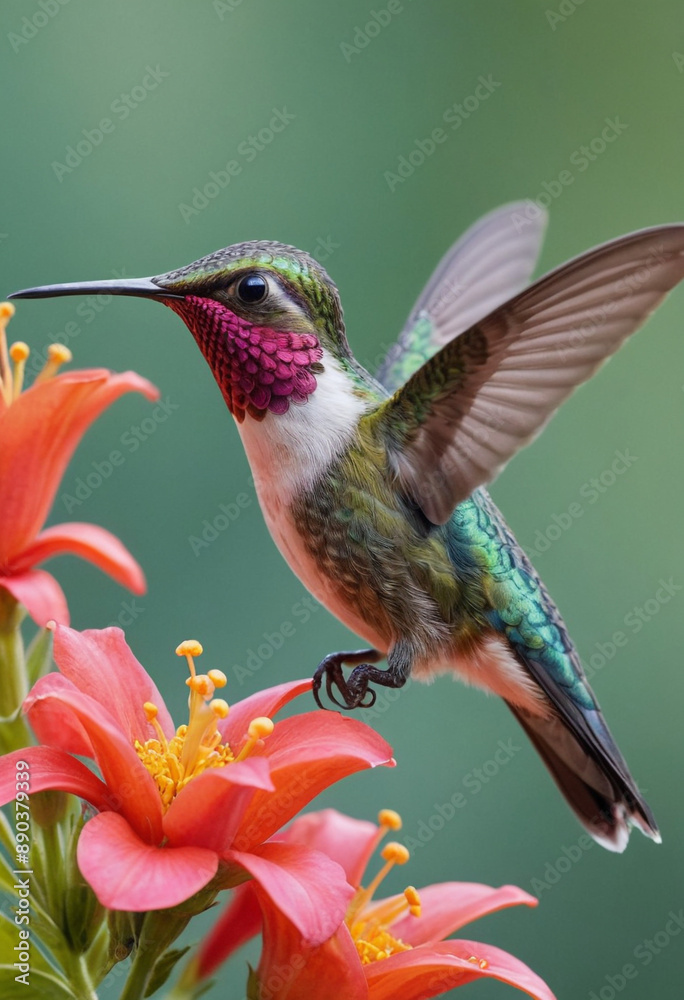 A colorful hummingbird sipping nectar from a flower. A colorful hummingbird sipping nectar from a flower.
