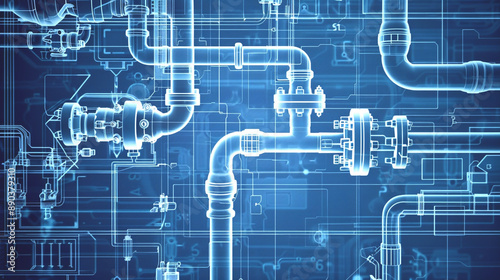 Building pipe and valve tube system architectural blueprint, industrial engineering construction design, factory pipeline technology equipment, gas or oil pump safety structure
