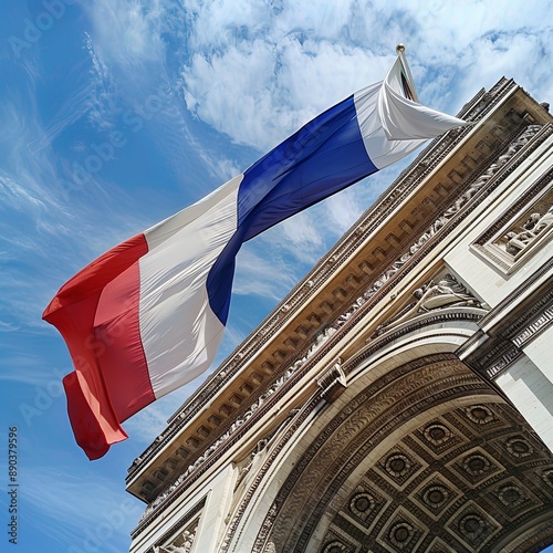 Arc de Triomphe French Flag Paris France. Completed in 1836 monument to the dead in the French Revolution and Napoleonic Wars. Includes tomb to unknown soldier