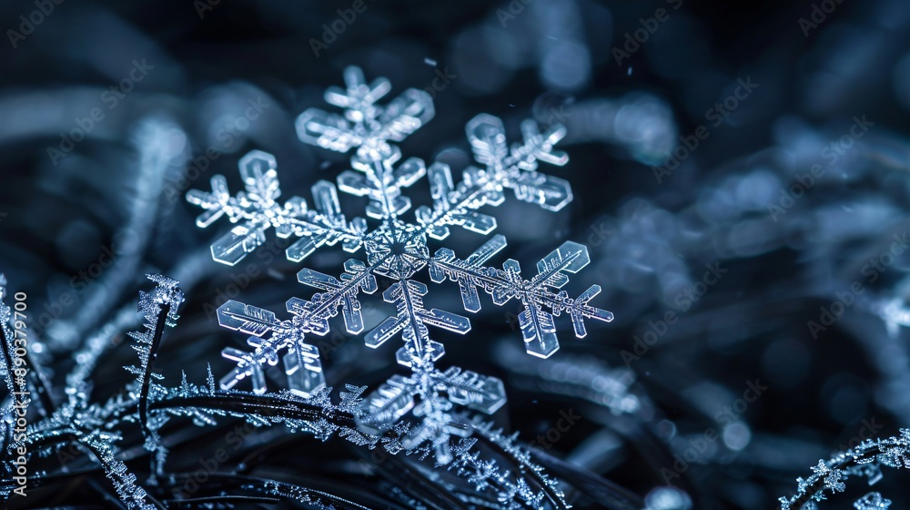 Extreme macro shot of a snowflake on dark background, intricate crystalline structure visible, shallow depth of field highlighting central pattern, shot on professional DSLR camera Extreme macro shot of a snowflake on dark background, intricate crystalline structure visible, shallow depth of field highlighting central pattern, shot on professional DSLR camera