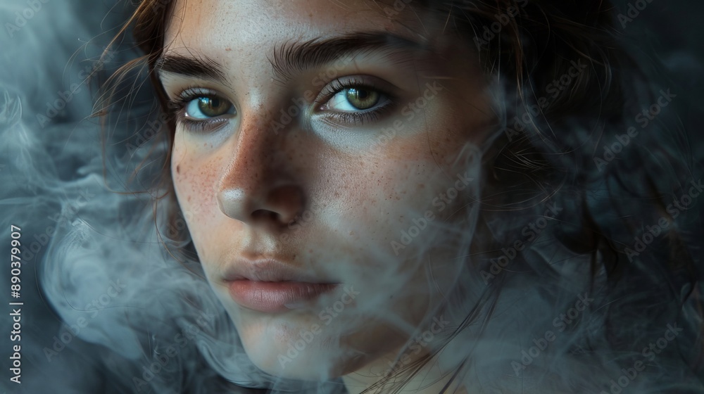 A portrait of a young woman with smoky effects blending into her face. A portrait of a young woman with smoky effects blending into her face.