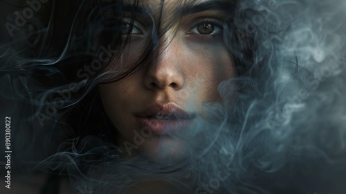 A portrait of a young woman with smoky effects blending into her face.