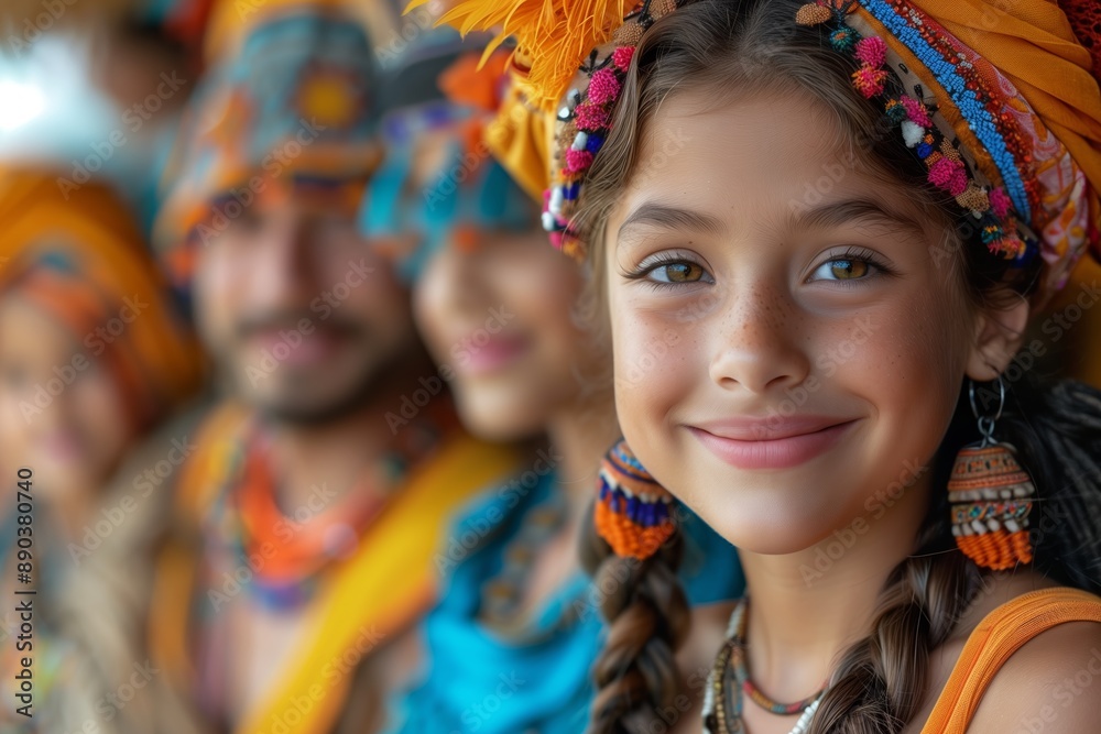 Fototapeta premium Young Girl Smiles at the Camera While Wearing a Colorful Headscarf and Braided Hair in a Group