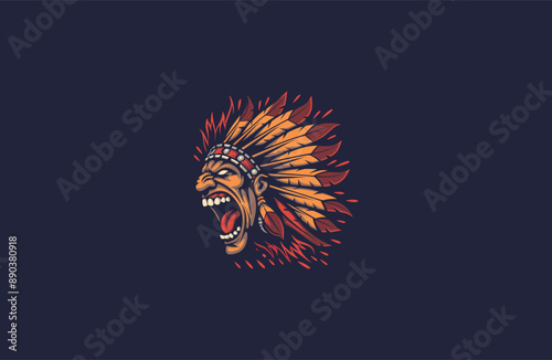 American native chief head angry on fire apache vector illustration