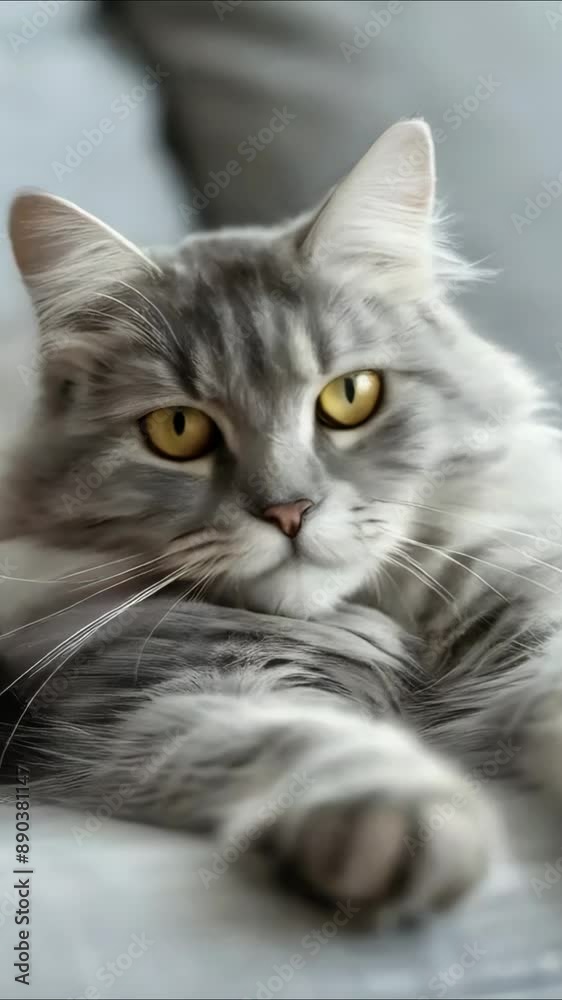 A beautiful fluffy cat lies on the sofa and looks around, its soft fur gleaming in the light as it curiously observes its surroundings with wide, attentive eyes A beautiful fluffy cat lies on the sofa and looks around, its soft fur gleaming in the light as it curiously observes its surroundings with wide, attentive eyes