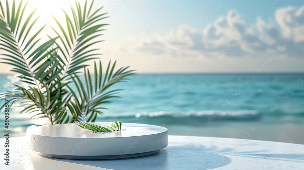 Tropical beach backdrop with white podium for product display. Tropical beach backdrop with white podium for product display.