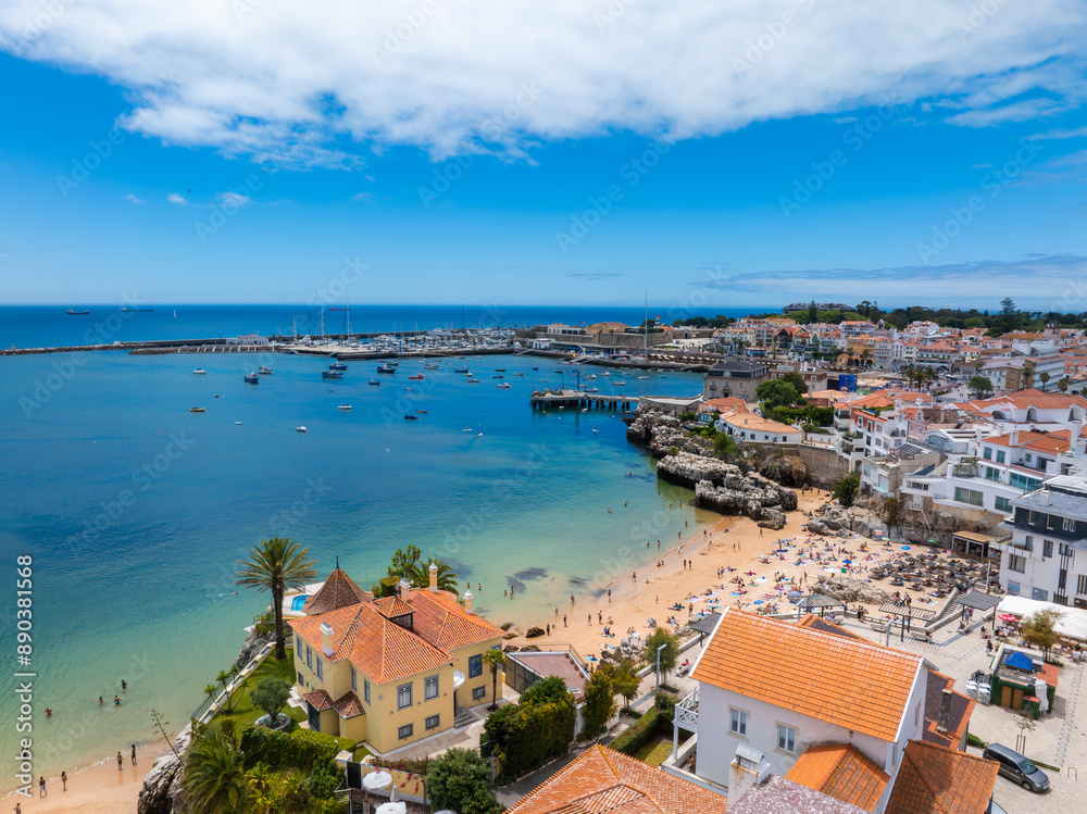 Aerial panoramic view of Cascais. 30km west of Lisbon on the portuguese riveira, cascais, Portugal. Drone aerial view of Praia da Rainha and historic city centre of Cascais, Portugal