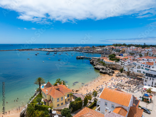 Obraz na płótnie Aerial panoramic view of Cascais. 30km west of Lisbon on the portuguese riveira, cascais, Portugal. Drone aerial view of Praia da Rainha and historic city centre of Cascais, Portugal w salonie