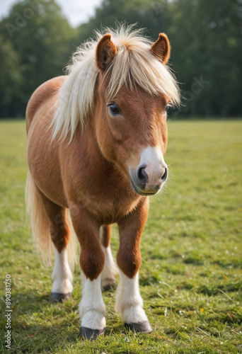  A playful Shetland pony grazing in a meadow. 