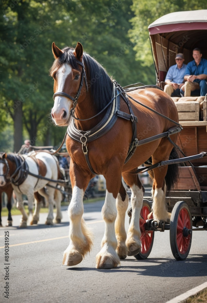 A majestic Clydesdale horse pulling a wagon. A majestic Clydesdale horse pulling a wagon.