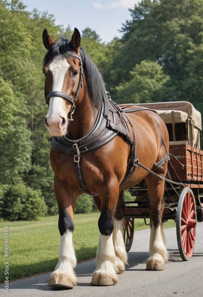 A majestic Clydesdale horse pulling a wagon. A majestic Clydesdale horse pulling a wagon.