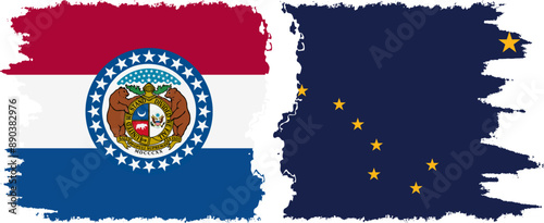 Alaska and Missouri states grunge brush flags connection, vector