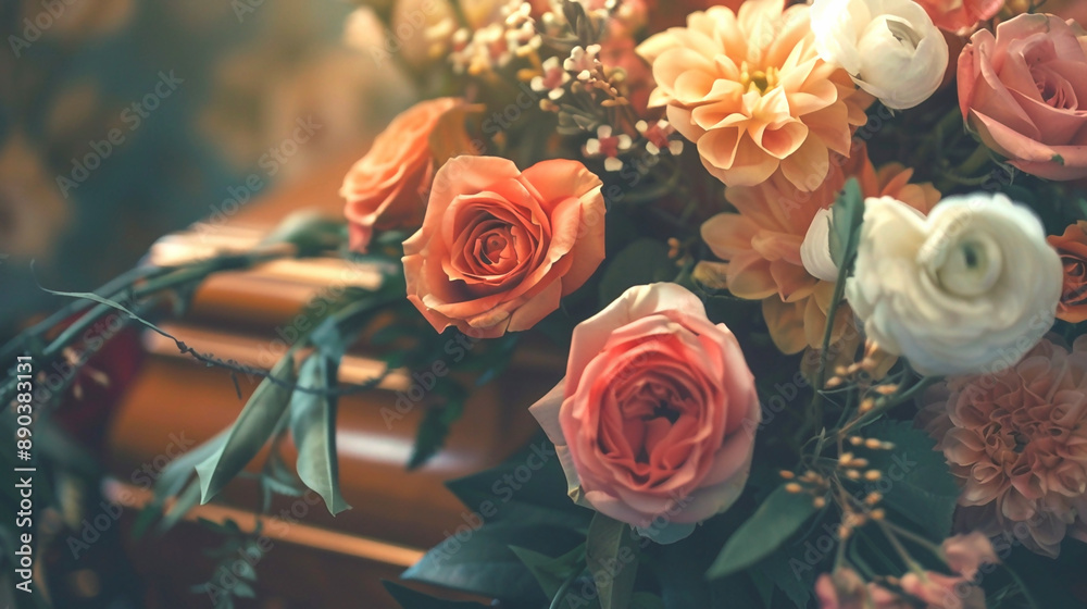 Fototapeta premium Closeup of bouquet of flowers on brown wooden burial casket coffin on a funeral. Grief and sadness for dead person, death and loss ceremony, pass away remembrance, farewell church