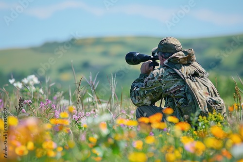 A bird watcher in a meadow uses a spotting scope to observe birds from a distance. The open field and clear sky provide an ideal setting for bird watching, and the observer is fully immersed in the