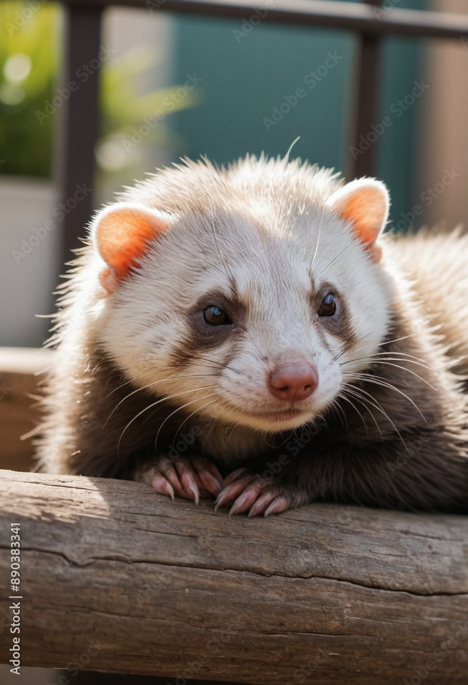  A sleepy ferret napping in a sunny spot. 