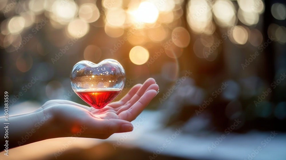 A heart shaped glass sphere held in the palm of an outstretched hand with warm sunlight casting soft shadows and a blurred background symbolizing heart care, world heart day, heart care A heart shaped glass sphere held in the palm of an outstretched hand with warm sunlight casting soft shadows and a blurred background symbolizing heart care, world heart day, heart care