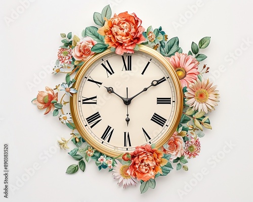 Antique clock with floral decorations for a wedding anniversary celebration, anniversary clock, love and tradition photo