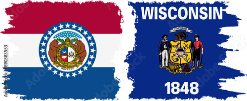 Wisconsin and Missouri states grunge brush flags connection, vector