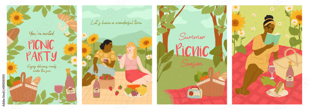 Fototapeta premium Collection of summer picnic woman vector illustration, sunflower and landscape