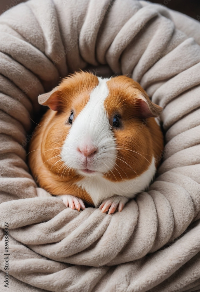 A sleepy guinea pig curled up in a cozy bed. A sleepy guinea pig curled up in a cozy bed.