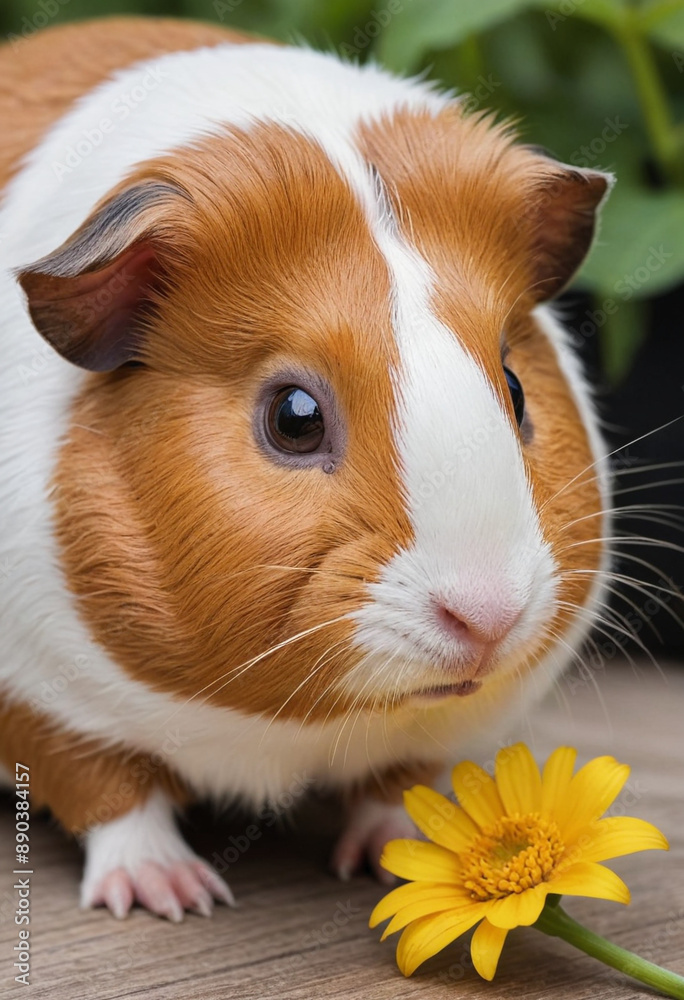 A curious guinea pig sniffing a flower. A curious guinea pig sniffing a flower.