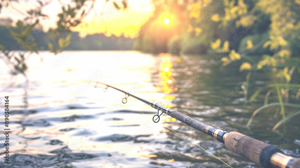 Closeup of fishing rod casting outdoors in lake or river water at sunset nature. Copy space, summer evening leisure hobby or sport activity outside, vacation relax Closeup of fishing rod casting outdoors in lake or river water at sunset nature. Copy space, summer evening leisure hobby or sport activity outside, vacation relax