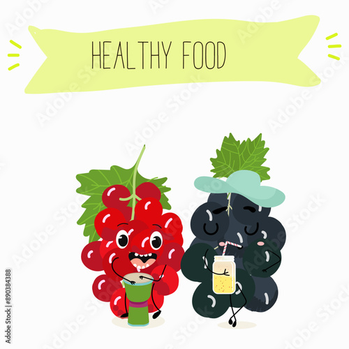 Funny red currant character design. Fruit poster. Vector illustration.