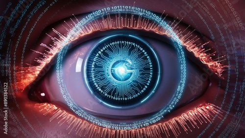 Close-up of a human eye with a digital interface, symbolizing the integration of technology and biology.